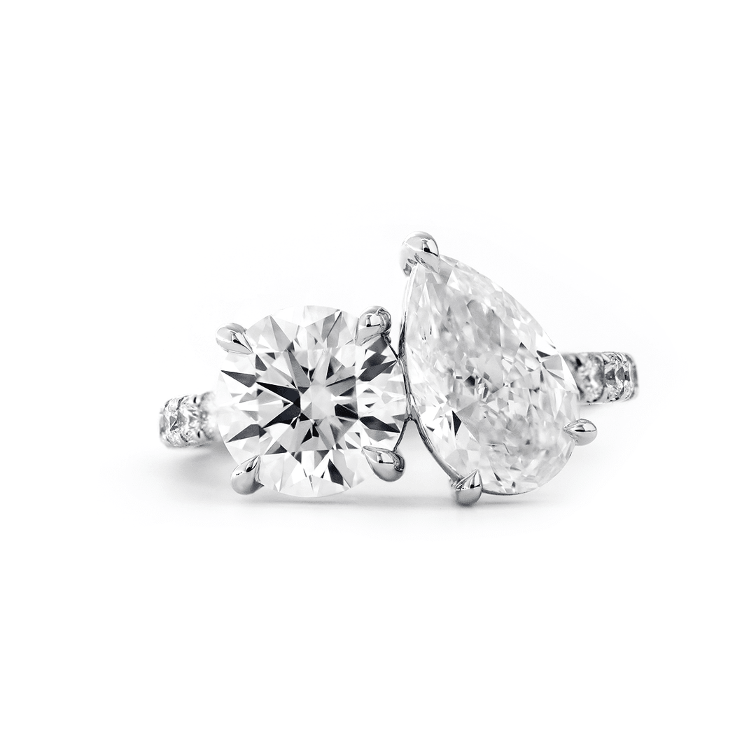 14K White Gold Round and Pear Lab Diamond Toi et Moi Ring with Pave Design - FIORESE JEWELRY