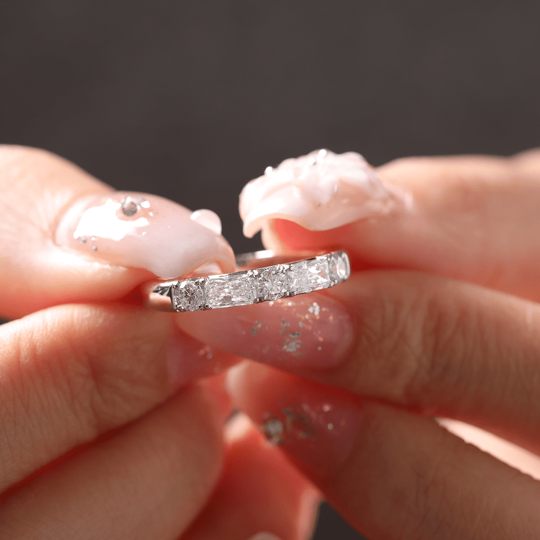 14K White Gold Round and Radiant Cut Lab Diamond 5 Stone Half Eternity Ring - FIORESE JEWELRY