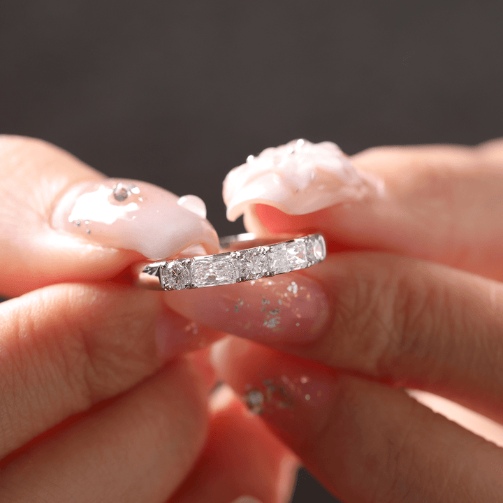 14K White Gold Round and Radiant Cut Lab Diamond 5 Stone Half Eternity Ring - FIORESE JEWELRY