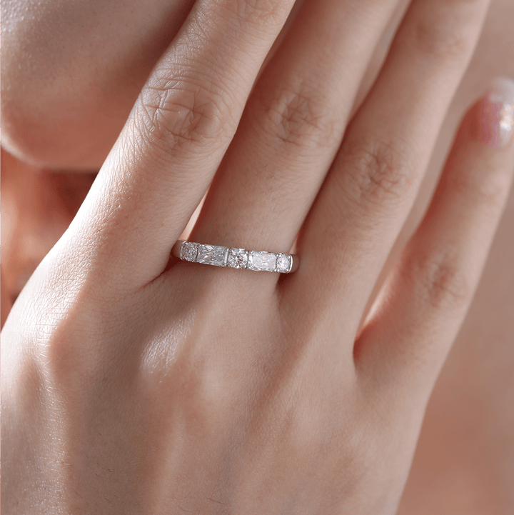 14K White Gold Round and Radiant Cut Lab Diamond 5 Stone Half Eternity Ring - FIORESE JEWELRY
