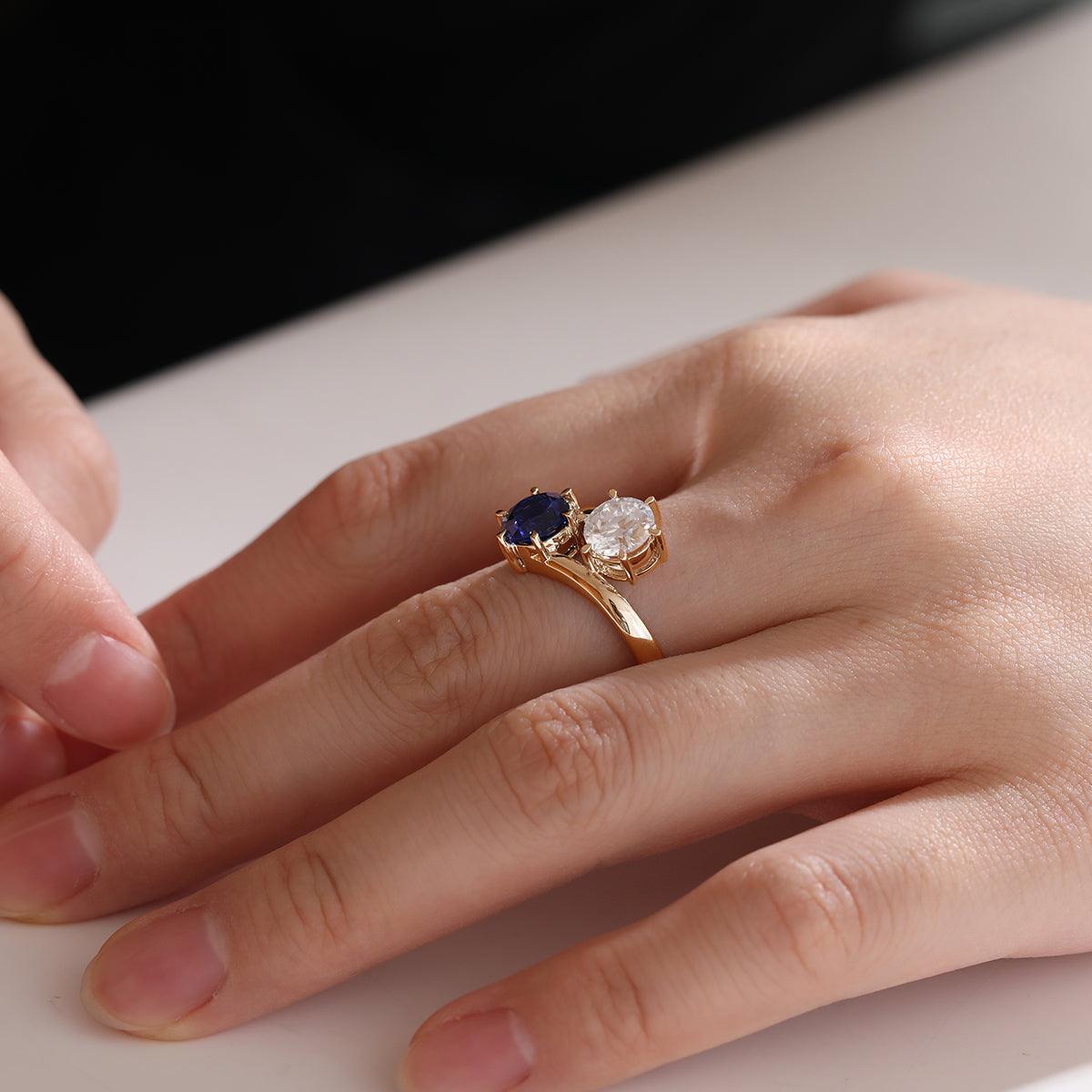 14K White Gold Round Cut Lab Diamond & Lab Sapphire Toi et Moi Ring - FIORESE JEWELRY