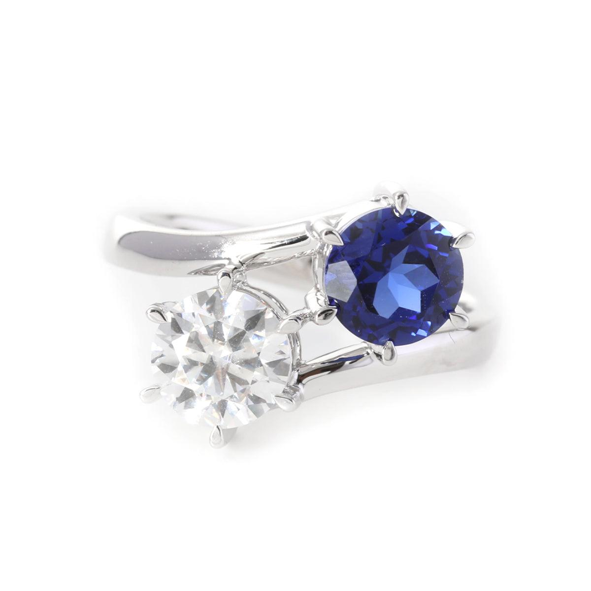 14K White Gold Round Cut Lab Diamond & Lab Sapphire Toi et Moi Ring - FIORESE JEWELRY