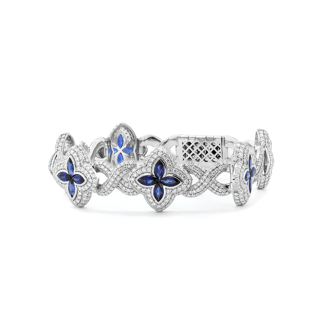 14K White Gold Round Lab Diamond Bracelet with Pear Lab Sapphire – Art Nouveau Nature - Inspired Eternal Fleur Blue Design - FIORESE JEWELRY