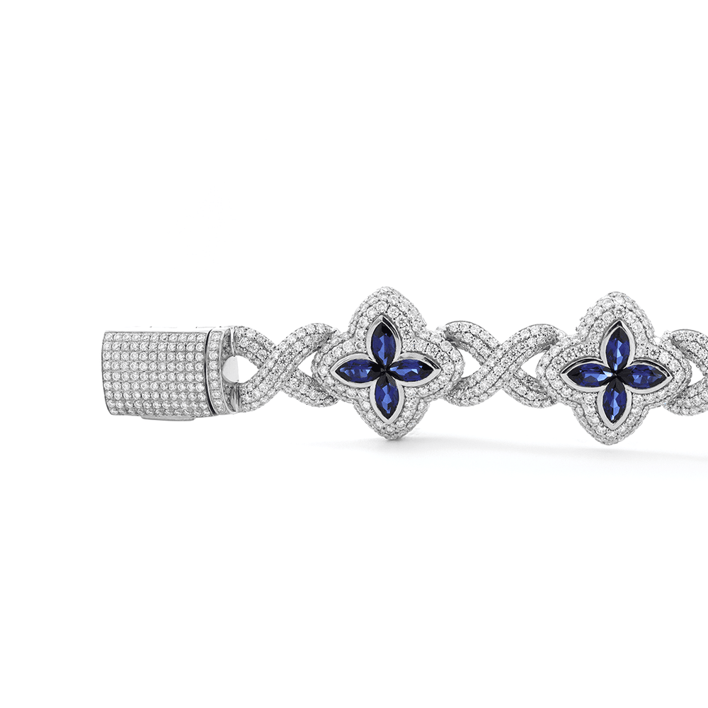 14K White Gold Round Lab Diamond Bracelet with Pear Lab Sapphire – Art Nouveau Nature - Inspired Eternal Fleur Blue Design - FIORESE JEWELRY
