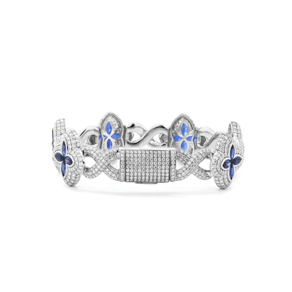 14K White Gold Round Lab Diamond Bracelet with Pear Lab Sapphire – Art Nouveau Nature - Inspired Eternal Fleur Blue Design - FIORESE JEWELRY