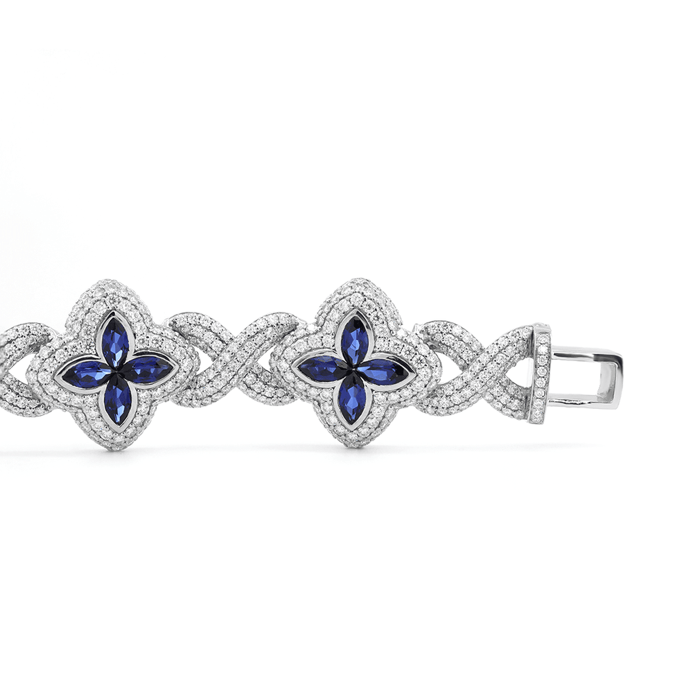 14K White Gold Round Lab Diamond Bracelet with Pear Lab Sapphire – Art Nouveau Nature - Inspired Eternal Fleur Blue Design - FIORESE JEWELRY