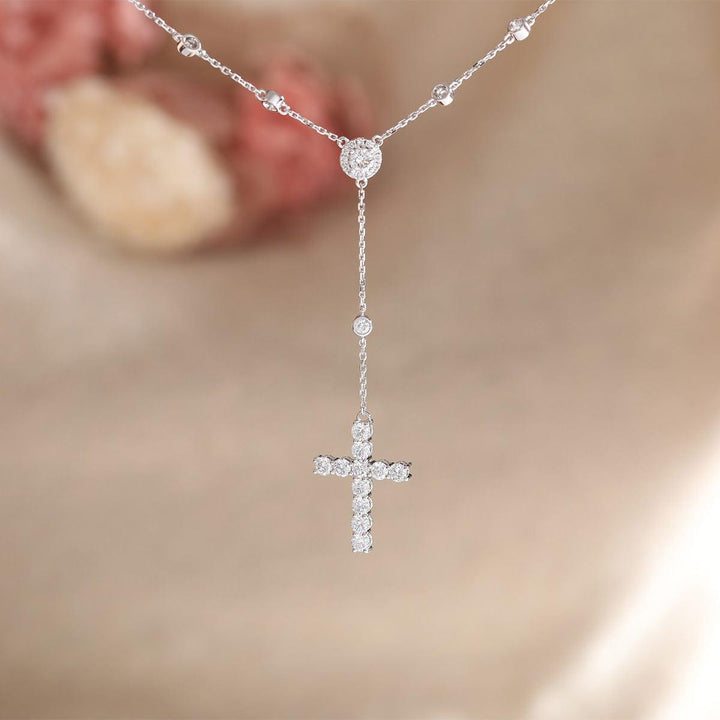 14K White Gold Round Lab Diamond Cross Necklace - FIORESE JEWELRY