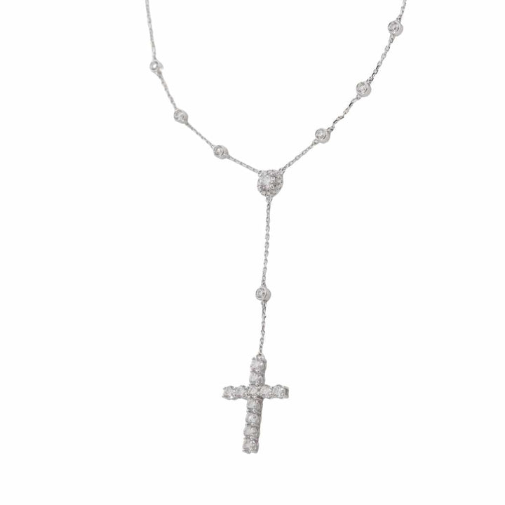 14K White Gold Round Lab Diamond Cross Necklace - FIORESE JEWELRY