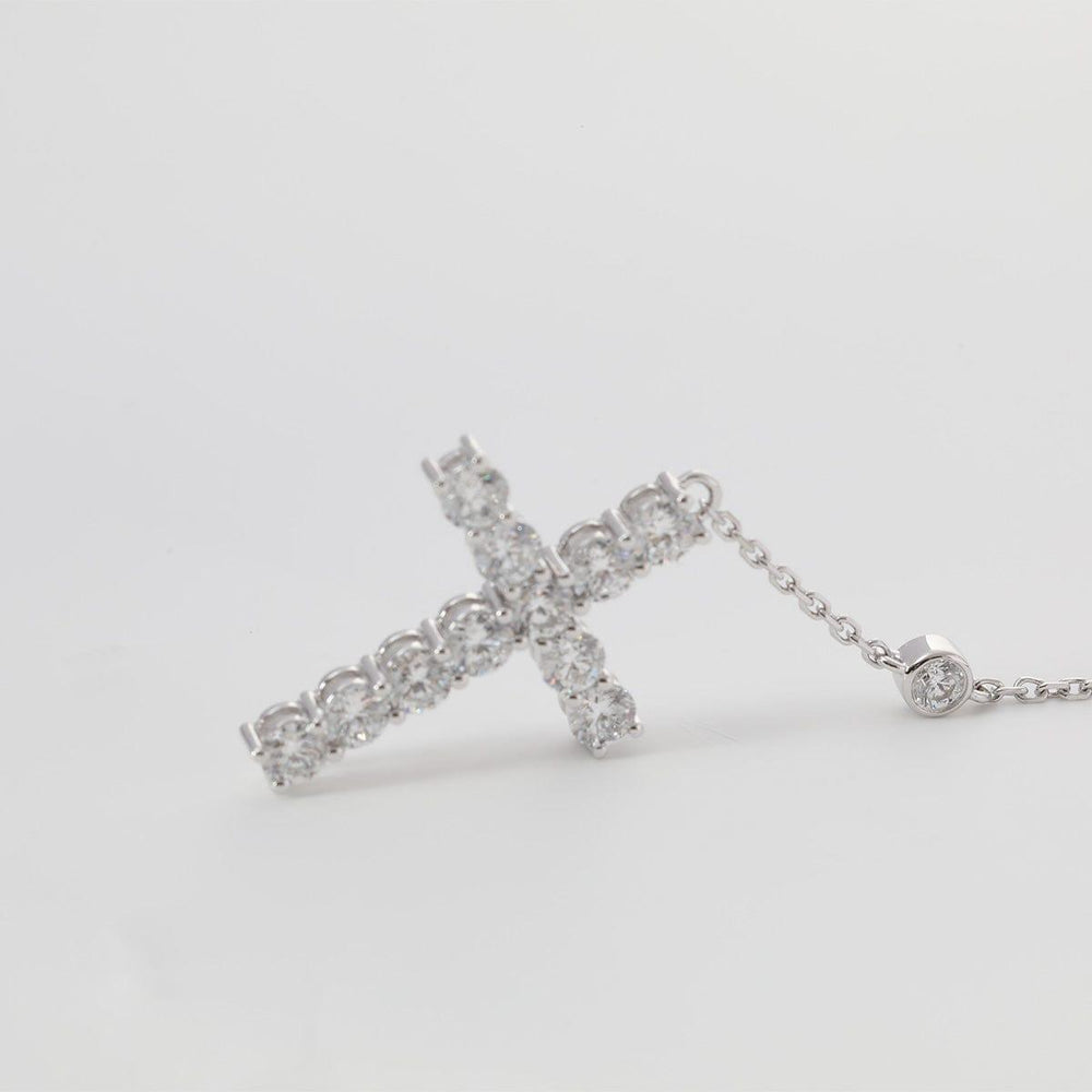 14K White Gold Round Lab Diamond Cross Necklace - FIORESE JEWELRY