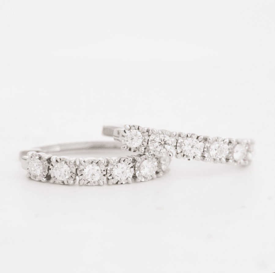 14K White Gold Round Lab Diamond Six - stone Huggie Earrings - FIORESE JEWELRY
