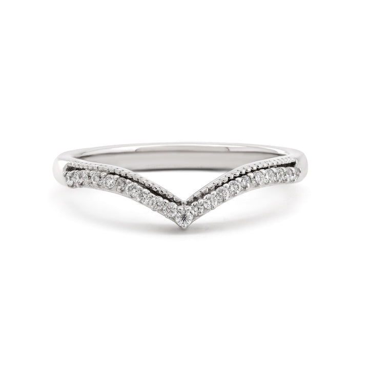 14K White Gold Round Lab Diamond V - shape Millegrain Wedding Ring - FIORESE JEWELRY