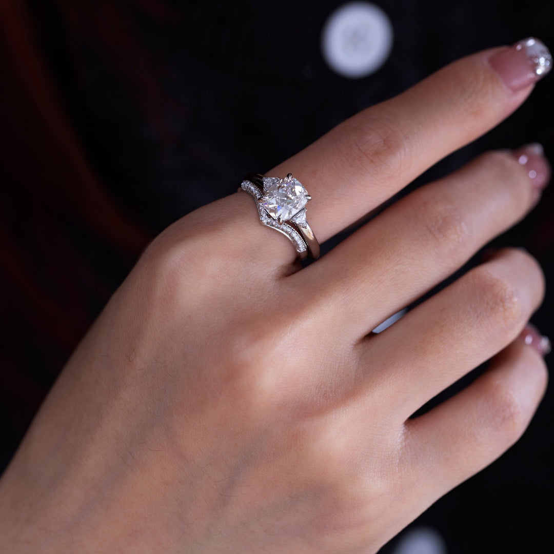 14K White Gold Round Lab Diamond V - shape Millegrain Wedding Ring - FIORESE JEWELRY