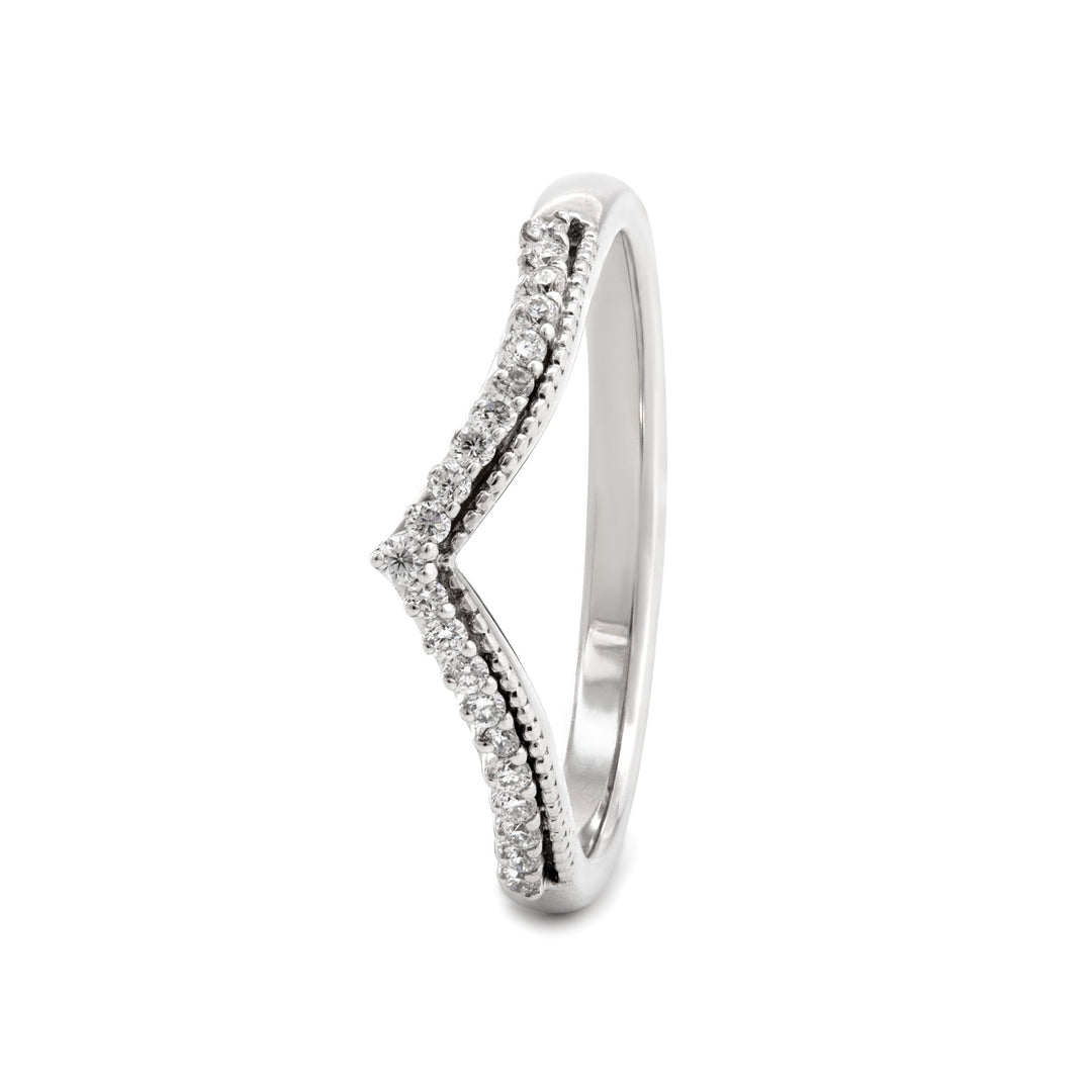 14K White Gold Round Lab Diamond V - shape Millegrain Wedding Ring - FIORESE JEWELRY