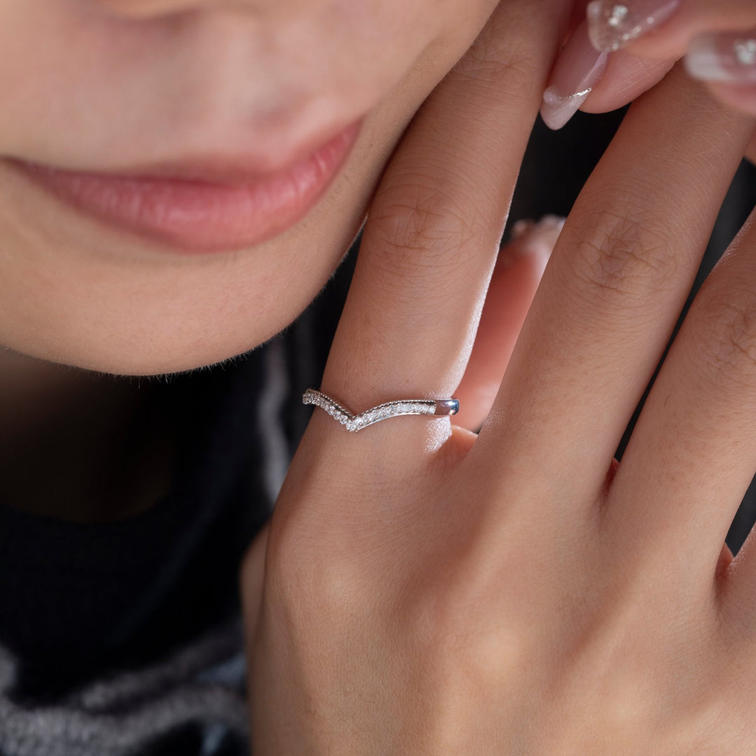 14K White Gold Round Lab Diamond V - shape Millegrain Wedding Ring - FIORESE JEWELRY