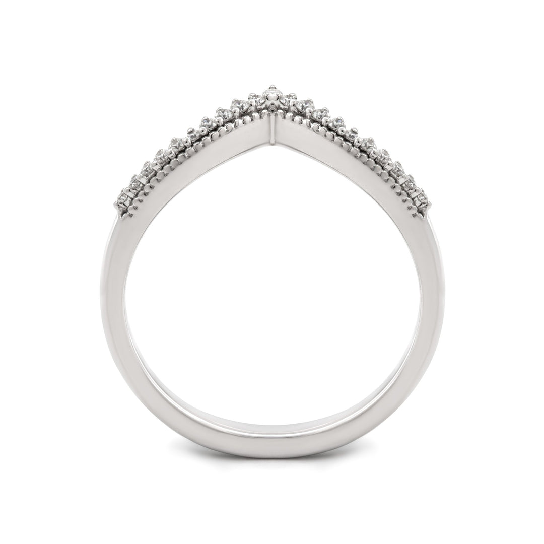 14K White Gold Round Lab Diamond V - shape Millegrain Wedding Ring - FIORESE JEWELRY