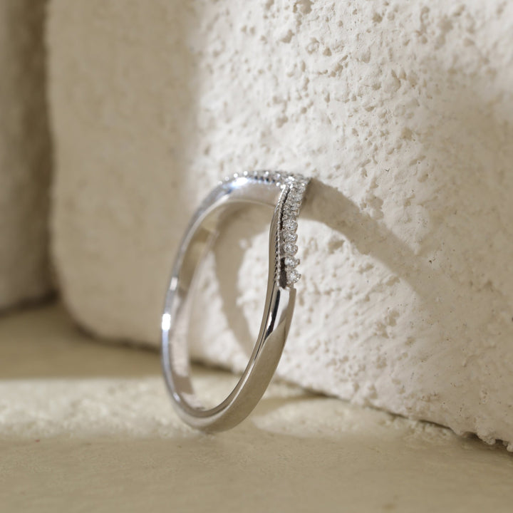 14K White Gold Round Lab Diamond V - shape Millegrain Wedding Ring - FIORESE JEWELRY