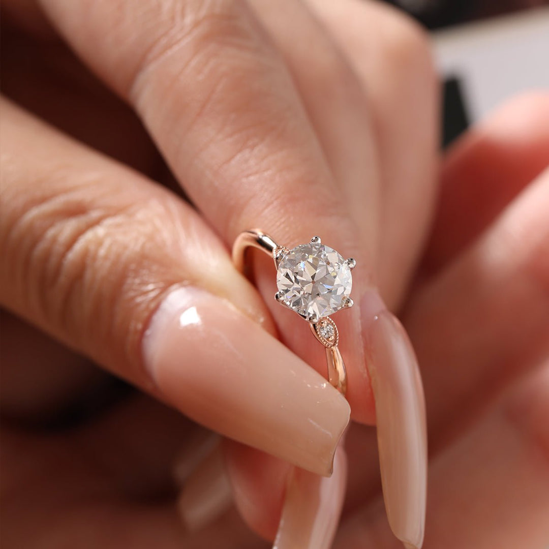 14K White &amp; Rose Gold Old European Cut Diamond Three Stone Oval Elongated Cushion Cut Engagement Rings - FIORESE JEWELRY