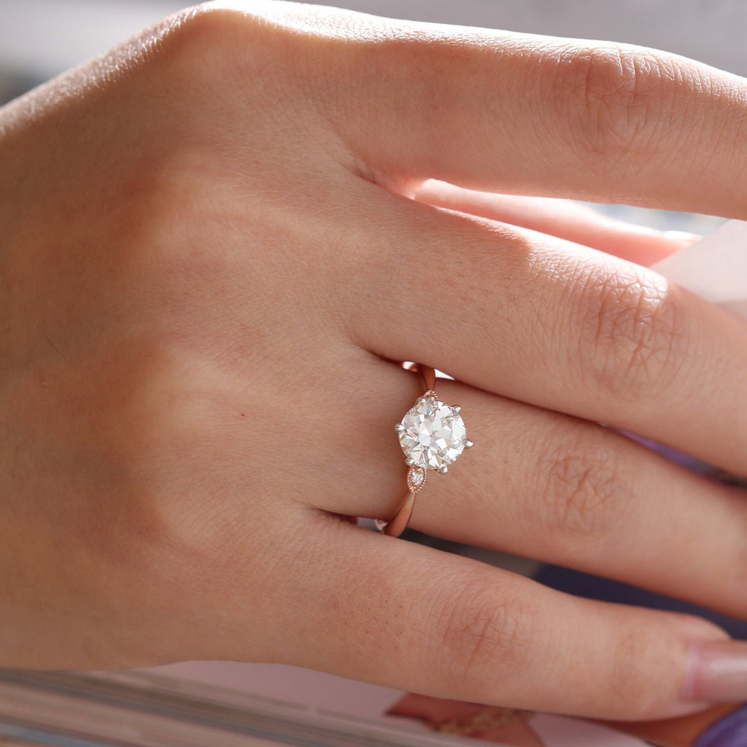 14K White &amp; Rose Gold Old European Cut Diamond Three Stone Oval Elongated Cushion Cut Engagement Rings - FIORESE JEWELRY