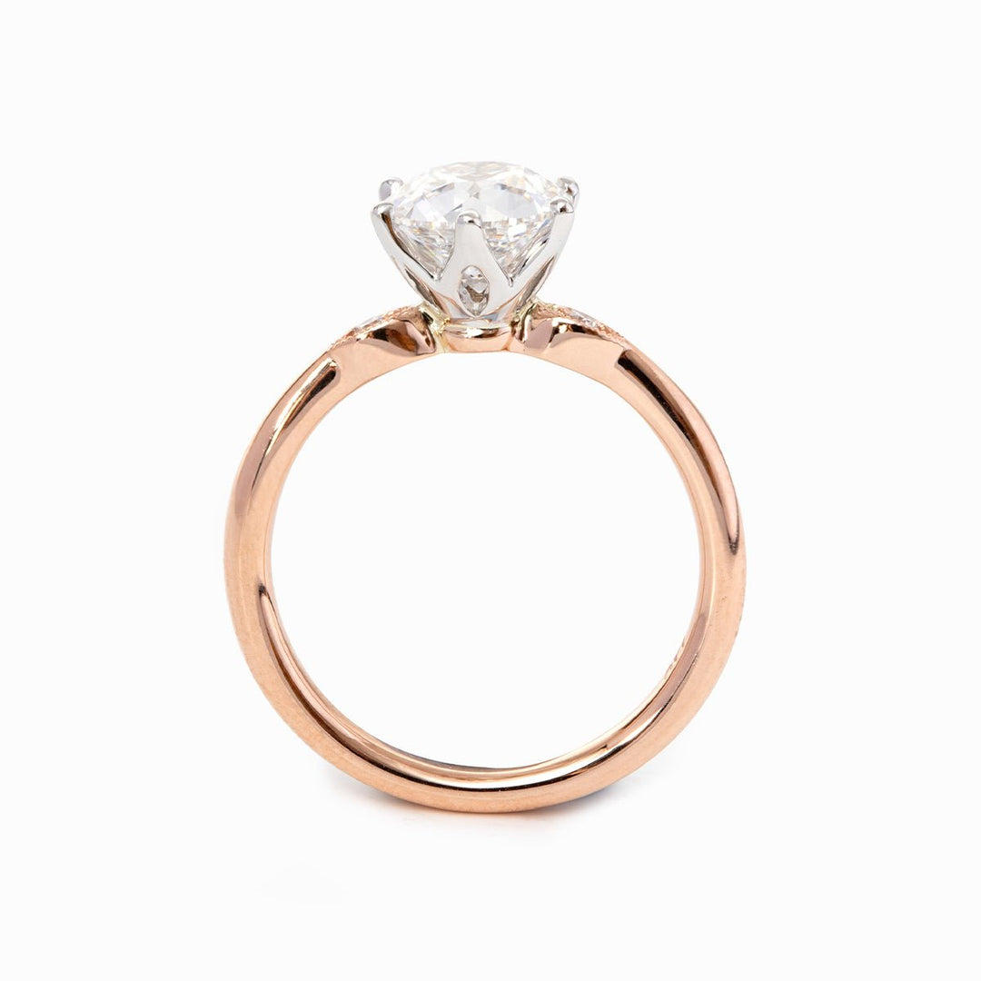 14K White &amp; Rose Gold Old European Cut Diamond Three Stone Oval Elongated Cushion Cut Engagement Rings - FIORESE JEWELRY