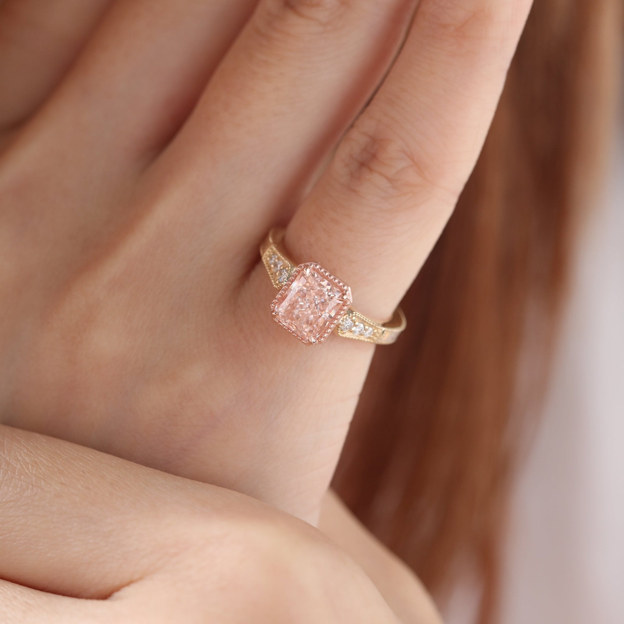 14K Yellow and Rose Gold 1.5ct Radiant Cut Pink Lab Diamond Millegrain Vintage Design Ring with Round Lab Diamond Side - stone - FIORESE JEWELRY