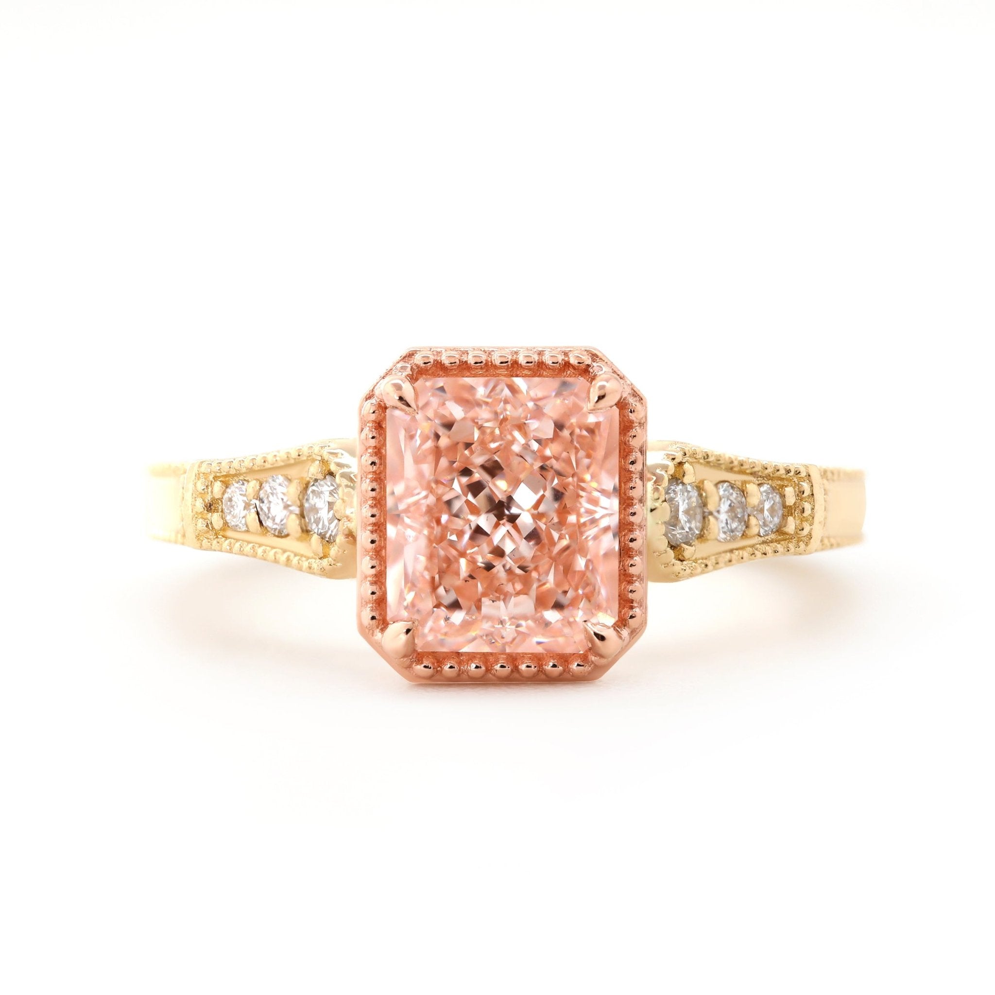 14K Yellow and Rose Gold 1.5ct Radiant Cut Pink Lab Diamond Millegrain Vintage Design Ring with Round Lab Diamond Side - stone - FIORESE JEWELRY