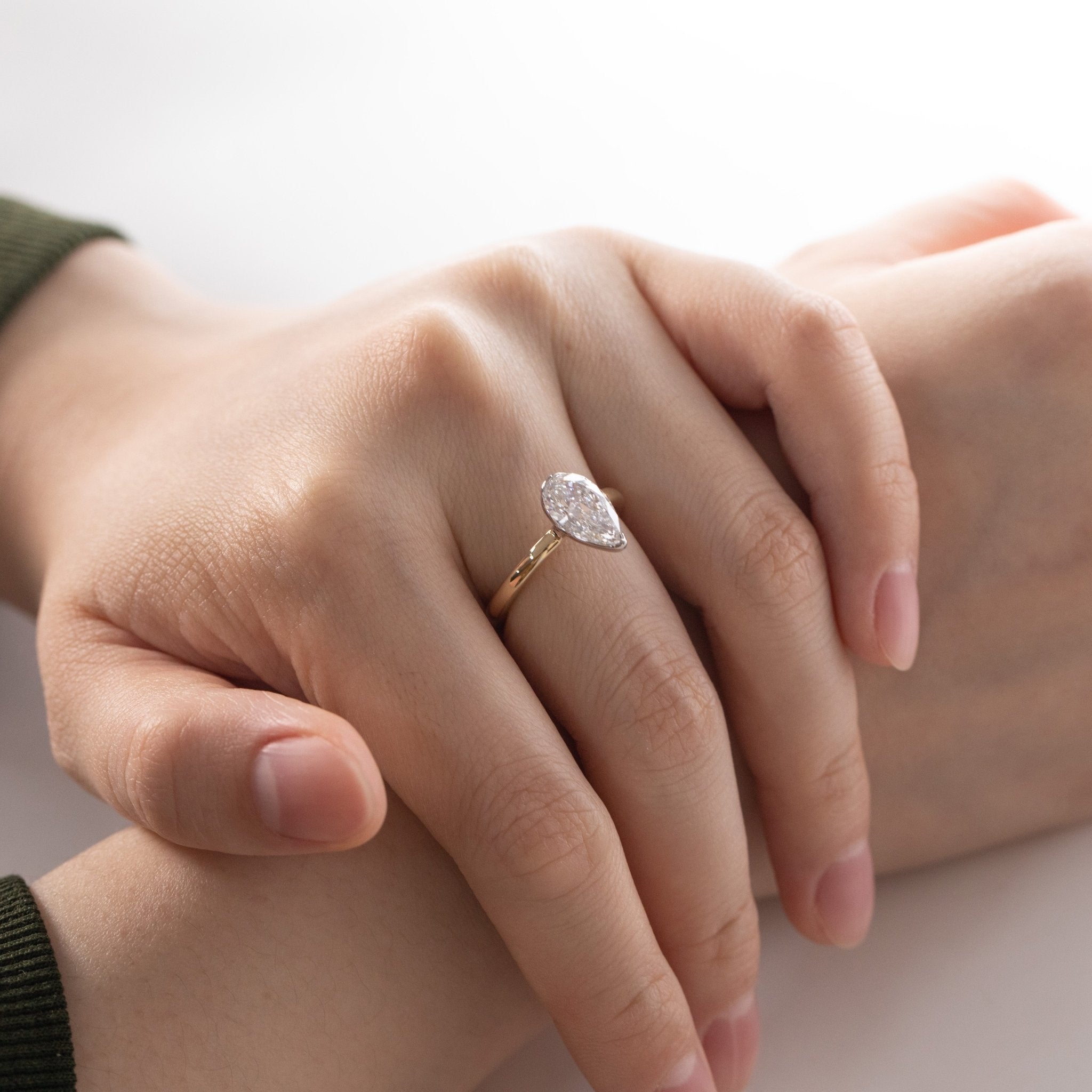 14K Yellow and White Gold 2ct Pear Cut Lab Diamond Half Bezel Solitaire Ring