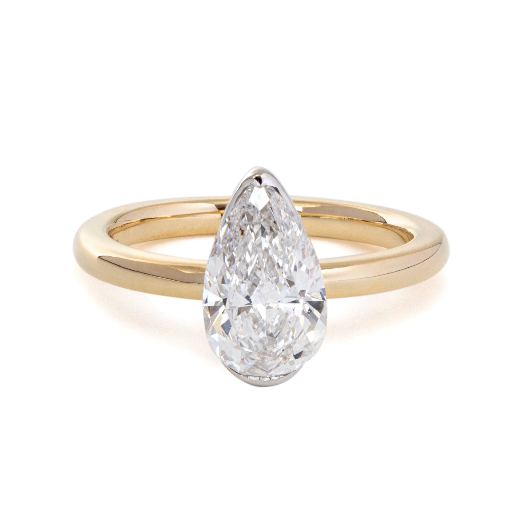 14K Yellow and White Gold 2ct Pear Cut Lab Diamond Half Bezel Solitaire Ring - FIORESE JEWELRY