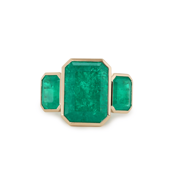 14K Yellow Gold 10.5 ct tw Emerald Cut Colombian Lab Emerald Bezel Setting Three - stone Ring - FIORESE JEWELRY