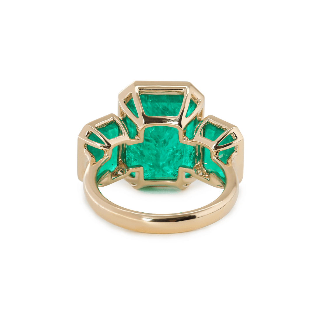 14K Yellow Gold 10.5 ct tw Emerald Cut Colombian Lab Emerald Bezel Setting Three - stone Ring - FIORESE JEWELRY