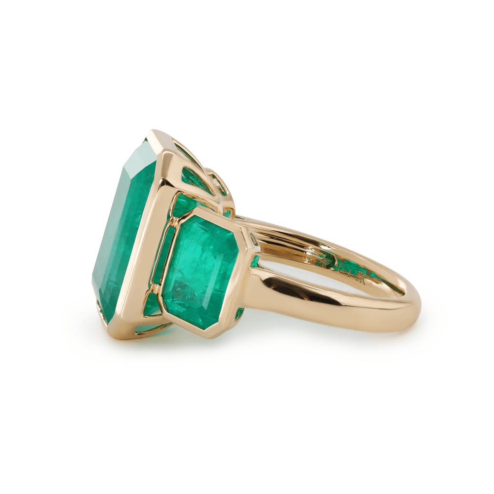 14K Yellow Gold 10.5 ct tw Emerald Cut Colombian Lab Emerald Bezel Setting Three - stone Ring - FIORESE JEWELRY