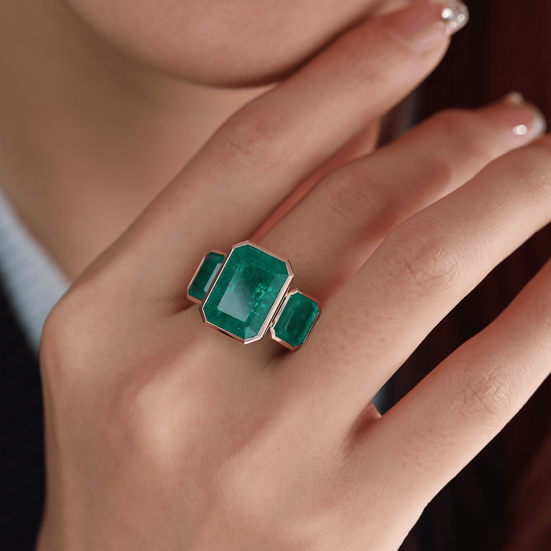 14K Yellow Gold 10.5 ct tw Emerald Cut Colombian Lab Emerald Bezel Setting Three - stone Ring - FIORESE JEWELRY