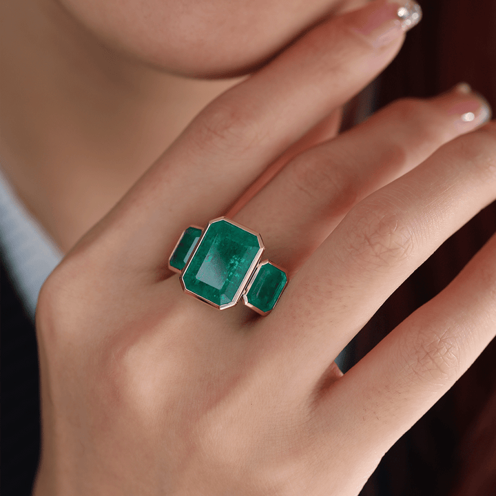 14K Yellow Gold 10.5 ct tw Emerald Cut Colombian Lab Emerald Bezel Setting Three - stone Ring - FIORESE JEWELRY