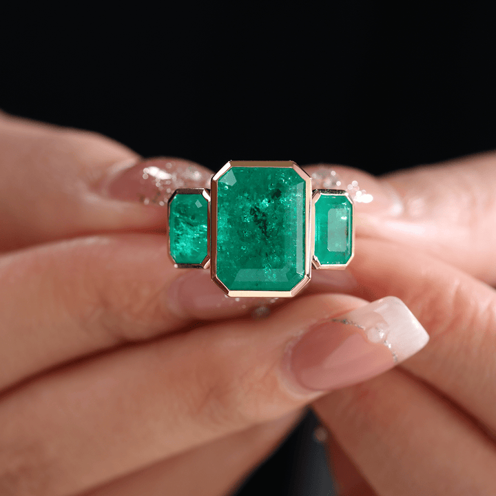 14K Yellow Gold 10.5 ct tw Emerald Cut Colombian Lab Emerald Bezel Setting Three - stone Ring - FIORESE JEWELRY