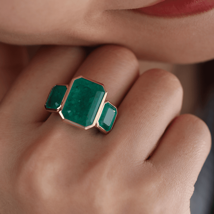 14K Yellow Gold 10.5 ct tw Emerald Cut Colombian Lab Emerald Bezel Setting Three - stone Ring - FIORESE JEWELRY