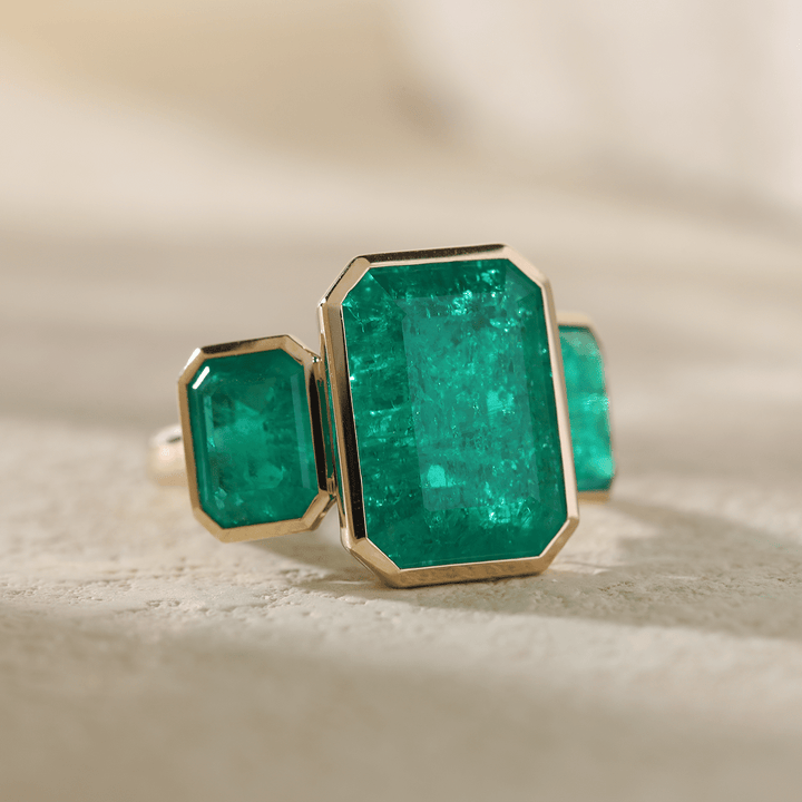 14K Yellow Gold 10.5 ct tw Emerald Cut Colombian Lab Emerald Bezel Setting Three - stone Ring - FIORESE JEWELRY