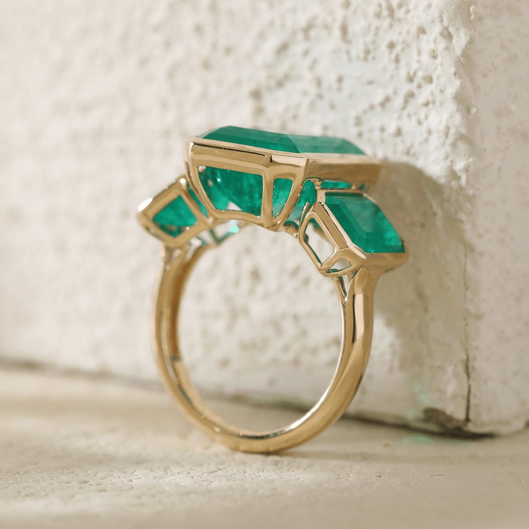 14K Yellow Gold 10.5 ct tw Emerald Cut Colombian Lab Emerald Bezel Setting Three - stone Ring - FIORESE JEWELRY
