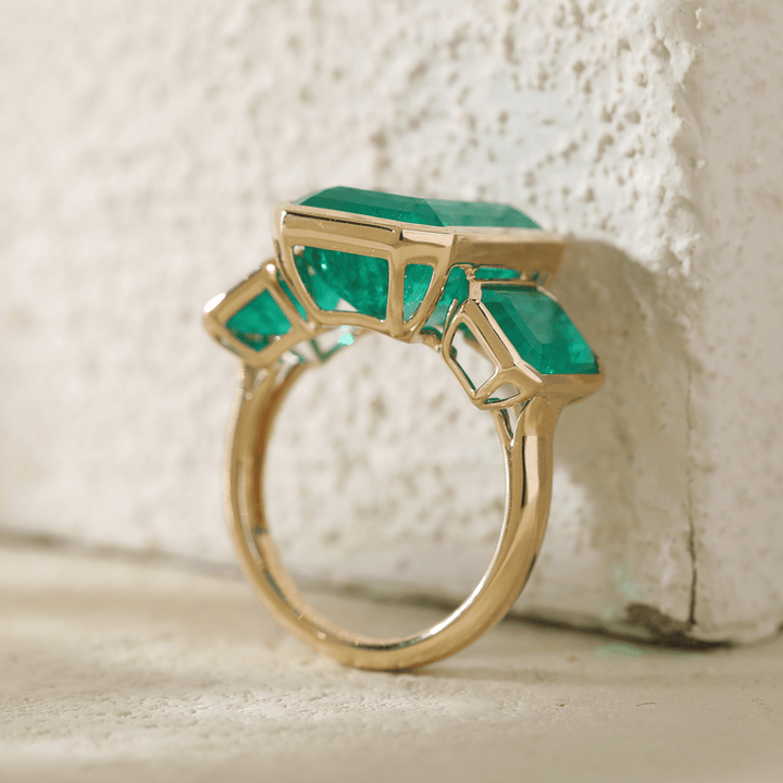 14K Yellow Gold 10.5 ct tw Emerald Cut Colombian Lab Emerald Bezel Setting Three - stone Ring - FIORESE JEWELRY