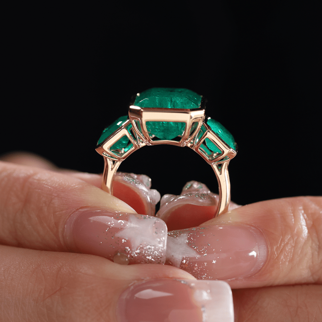 14K Yellow Gold 10.5 ct tw Emerald Cut Colombian Lab Emerald Bezel Setting Three - stone Ring - FIORESE JEWELRY