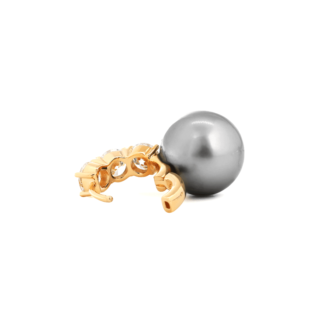 14K Yellow Gold 12mm Grey Fresh - water Pearl with Round Lab Diamond Side - stones Hoop Earrings - FIORESE JEWELRY