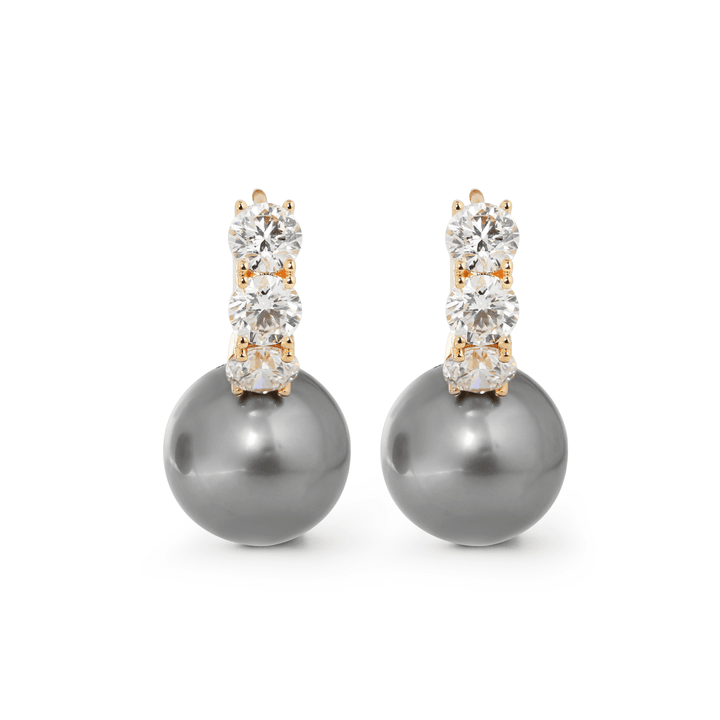 14K Yellow Gold 12mm Grey Fresh - water Pearl with Round Lab Diamond Side - stones Hoop Earrings - FIORESE JEWELRY