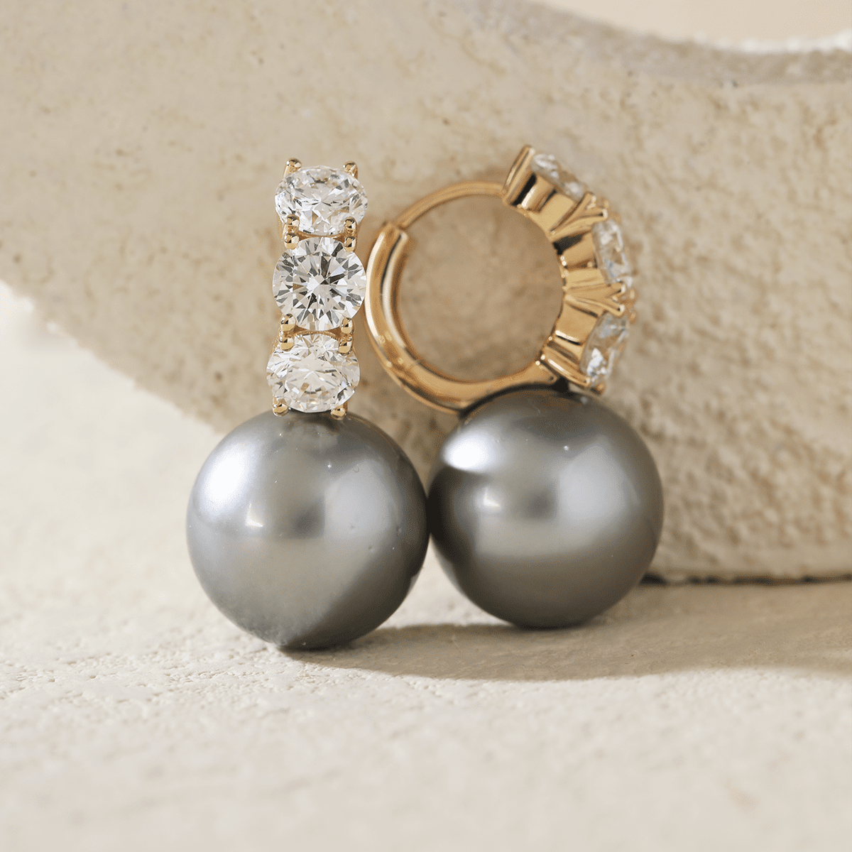 14K Yellow Gold 12mm Grey Fresh-water Pearl with Round Lab Diamond Side-stones Hoop Earrings