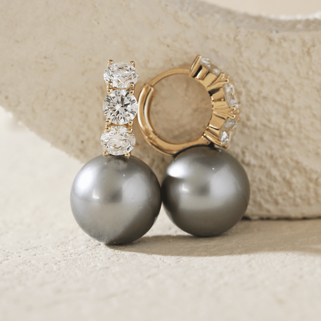 14K Yellow Gold 12mm Grey Fresh - water Pearl with Round Lab Diamond Side - stones Hoop Earrings - FIORESE JEWELRY
