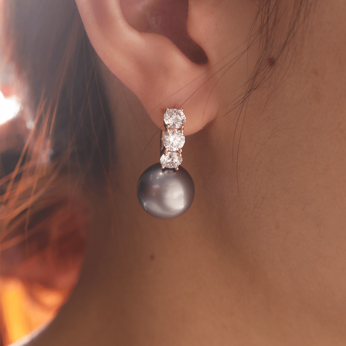 14K Yellow Gold 12mm Grey Fresh - water Pearl with Round Lab Diamond Side - stones Hoop Earrings - FIORESE JEWELRY