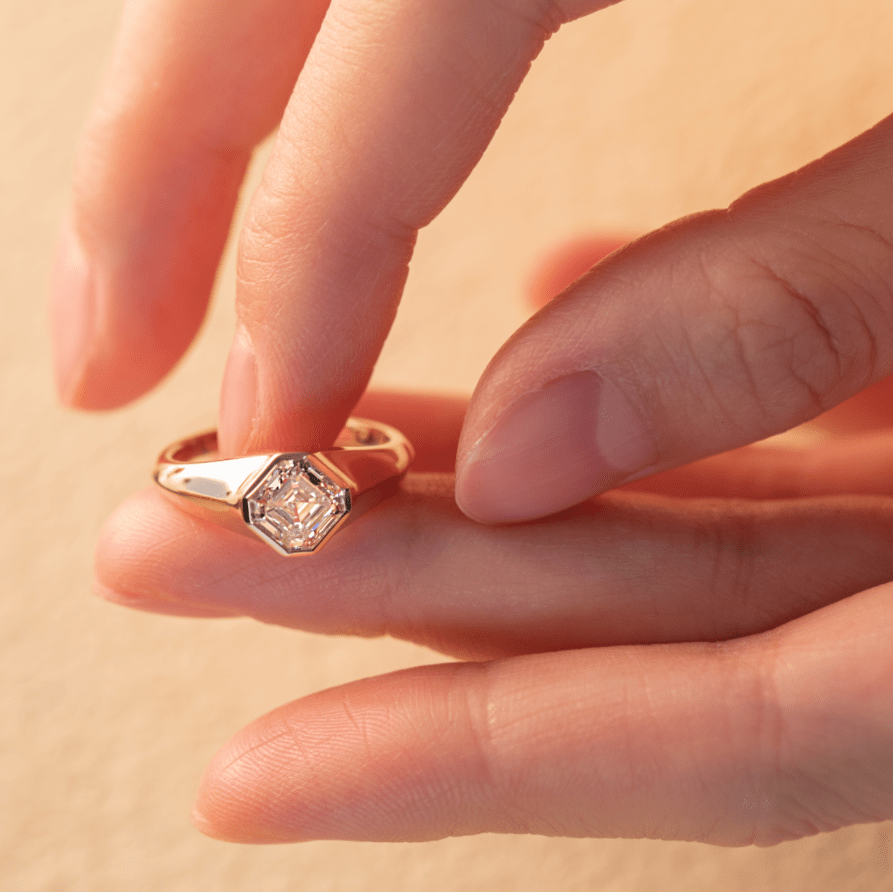 14k Yellow Gold 1.5ct Asscher Cut Lab Diamond Bezel Ring with Knife Edge Tapered Band Design - FIORESE JEWELRY