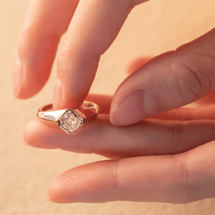 14k Yellow Gold 1.5ct Asscher Cut Lab Diamond Bezel Ring with Knife Edge Tapered Band Design - FIORESE JEWELRY