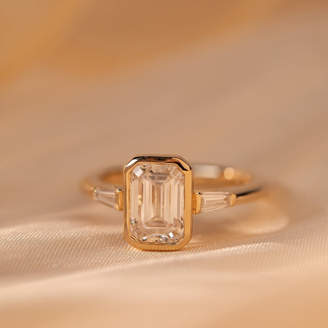 14K Yellow Gold 1.5ct Emerald Cut Lab Diamond Elongated Trapezoid Cut Three - stone Bezel Engagement Ring - FIORESE JEWELRY