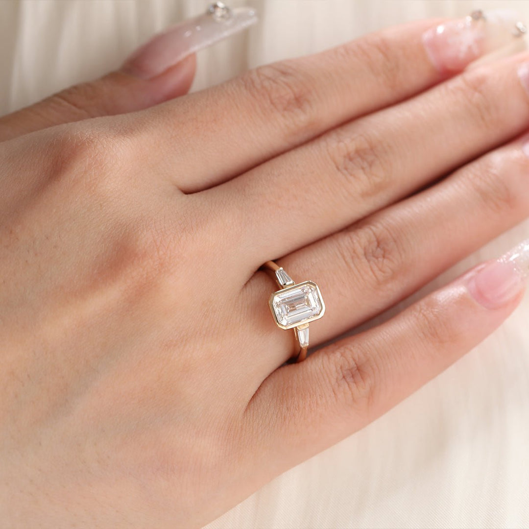 14K Yellow Gold 1.5ct Emerald Cut Lab Diamond Elongated Trapezoid Cut Three - stone Bezel Engagement Ring - FIORESE JEWELRY