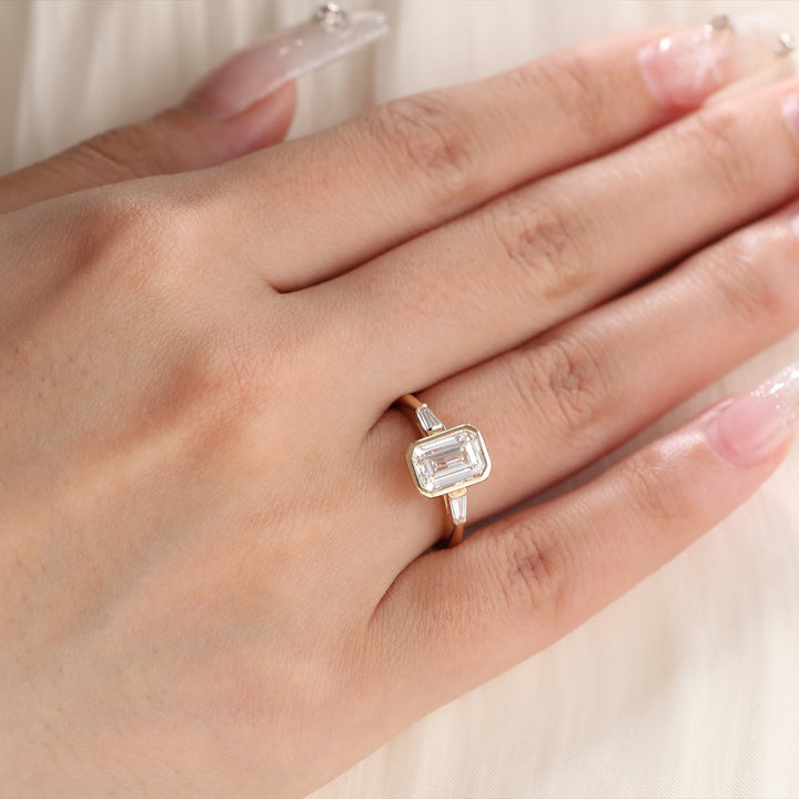 14K Yellow Gold 1.5ct Emerald Cut Lab Diamond Elongated Trapezoid Cut Three - stone Bezel Engagement Ring - FIORESE JEWELRY
