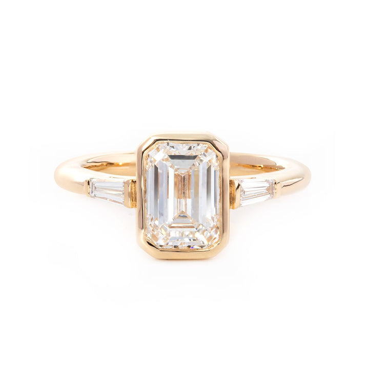 14K Yellow Gold 1.5ct Emerald Cut Lab Diamond Elongated Trapezoid Cut Three - stone Bezel Engagement Ring - FIORESE JEWELRY