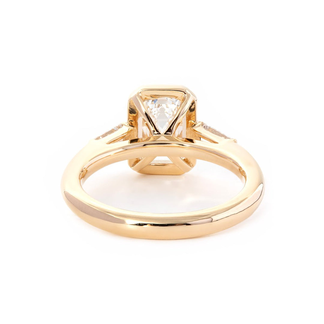 14K Yellow Gold 1.5ct Emerald Cut Lab Diamond Elongated Trapezoid Cut Three - stone Bezel Engagement Ring - FIORESE JEWELRY